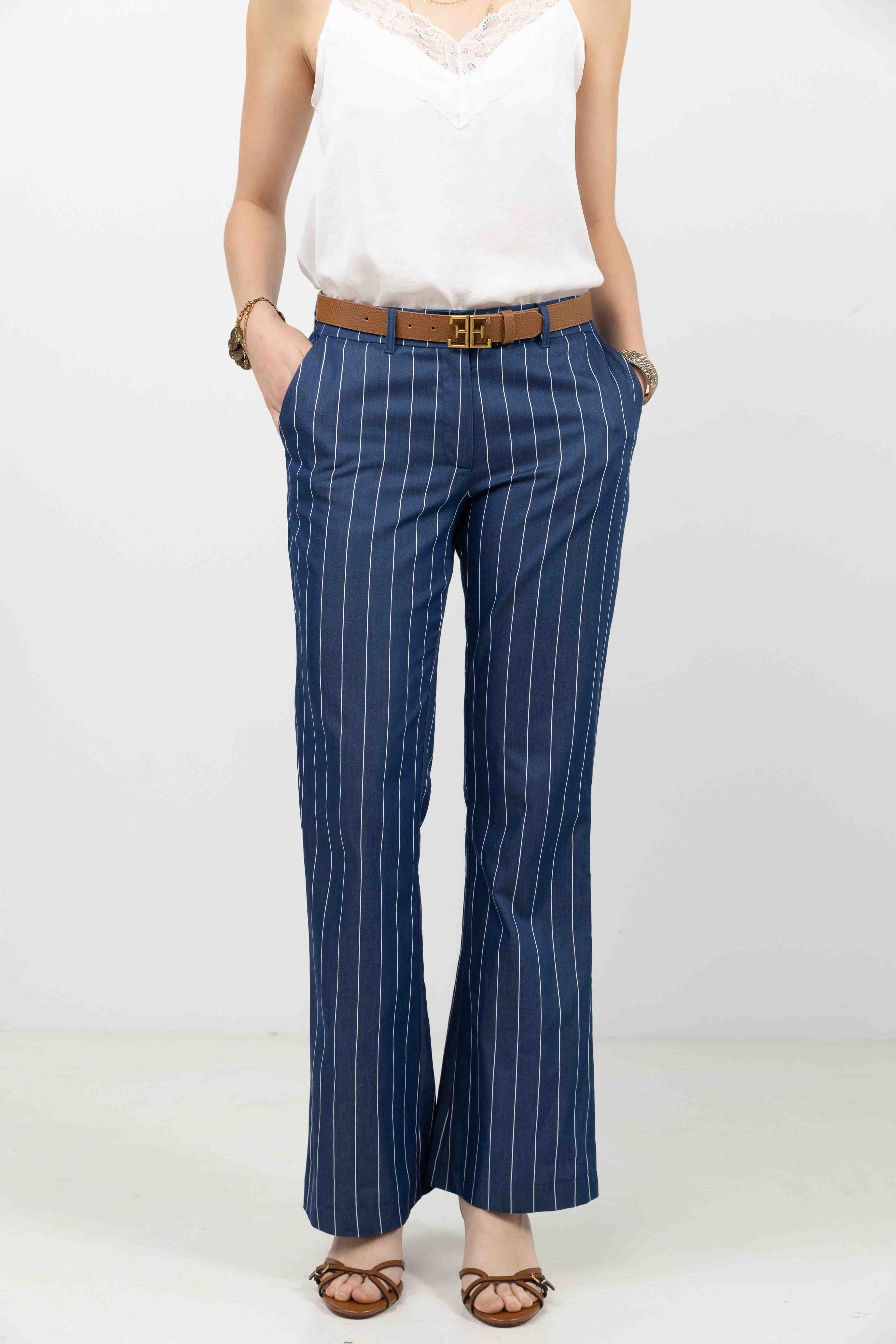 Pantalon bleu foncé rayé fluide