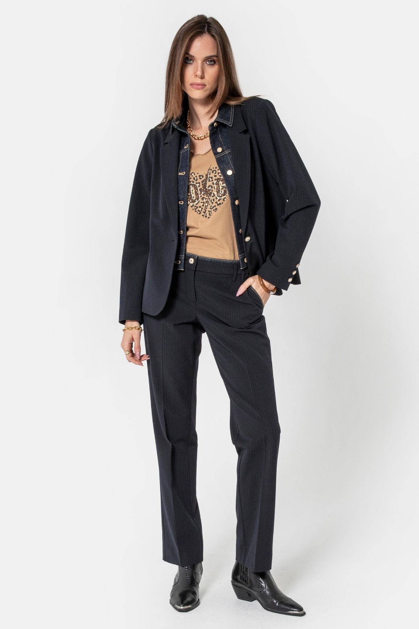 Pantalon bi-matières rayé